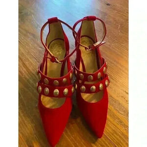 NWOT Vince Camuto Red Ankle Strap Leather Studded Krellen Stiletto,sz 5.5